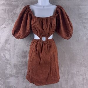 FAITHFULL THE BRAND Dress Womens Size Large Brown Linen Puff Sleeve Cut Out Mini